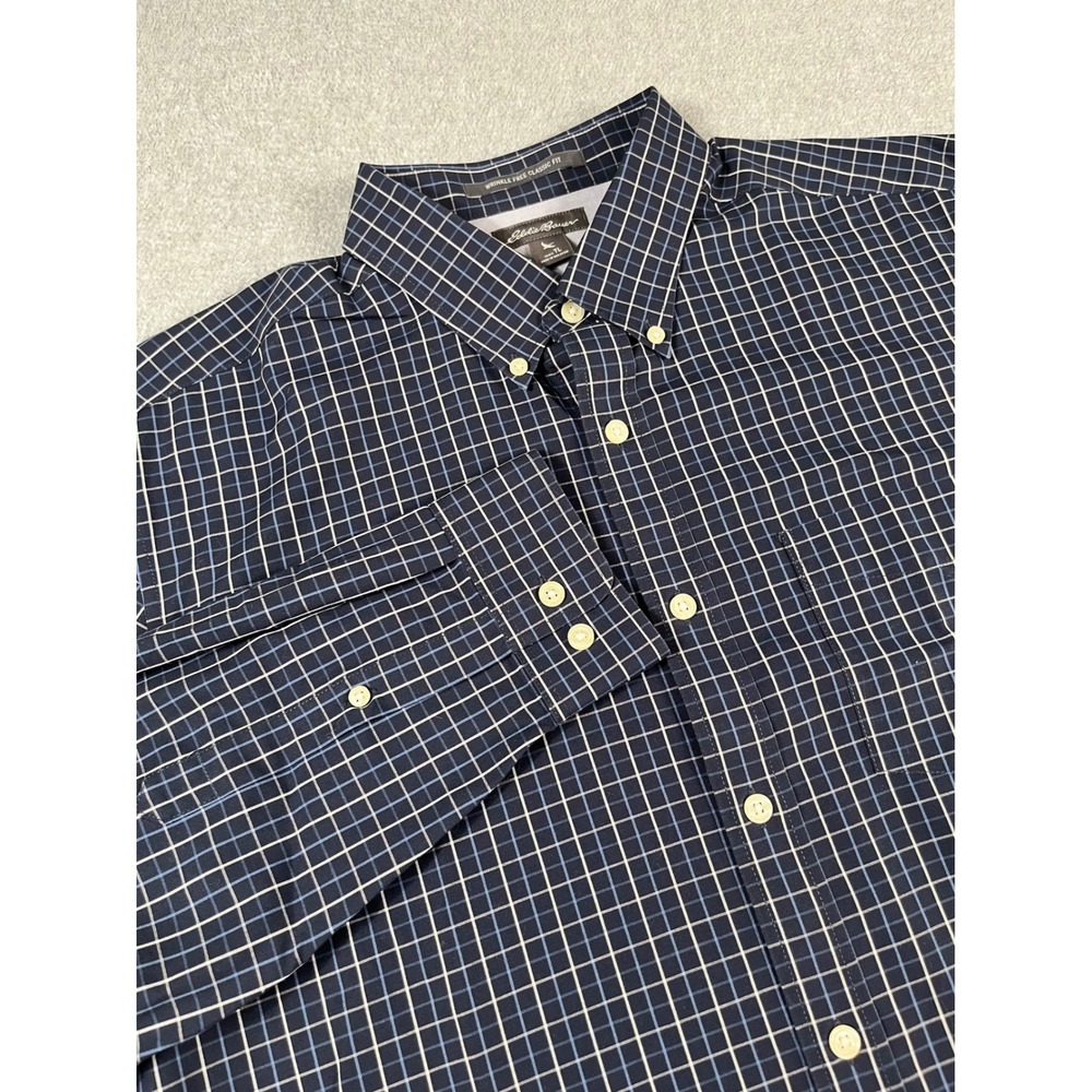 Eddie Bauer Mens Tall XL Wrinkle Free Classic Fit Navy Blue Grid Plaid Shirt